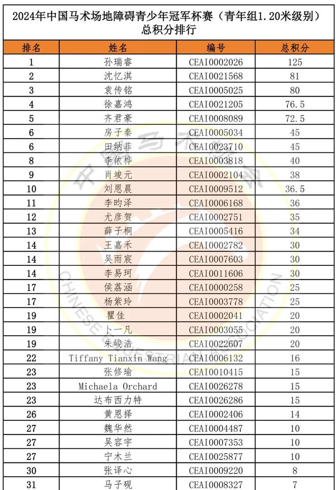 2024年度中国马术场地障碍青少年冠军杯赛（青年组120米）总积分排名揭晓